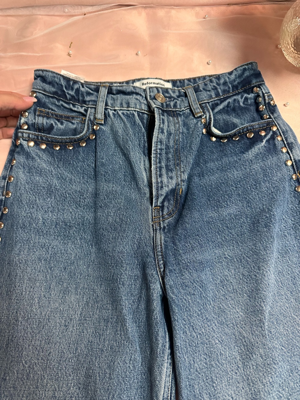 Reformation Studded Blue High-Rise Jeans